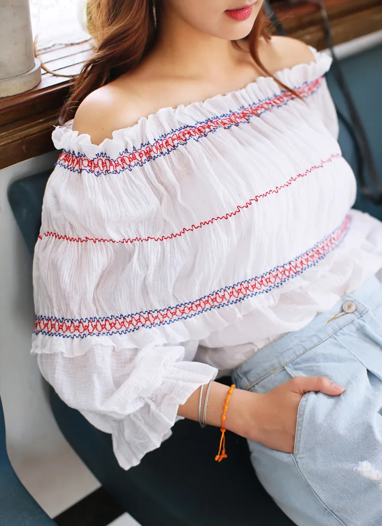 ステッチシャーリングオフショルダーブラウス・全2色 | DHOLIC | 詳細画像1