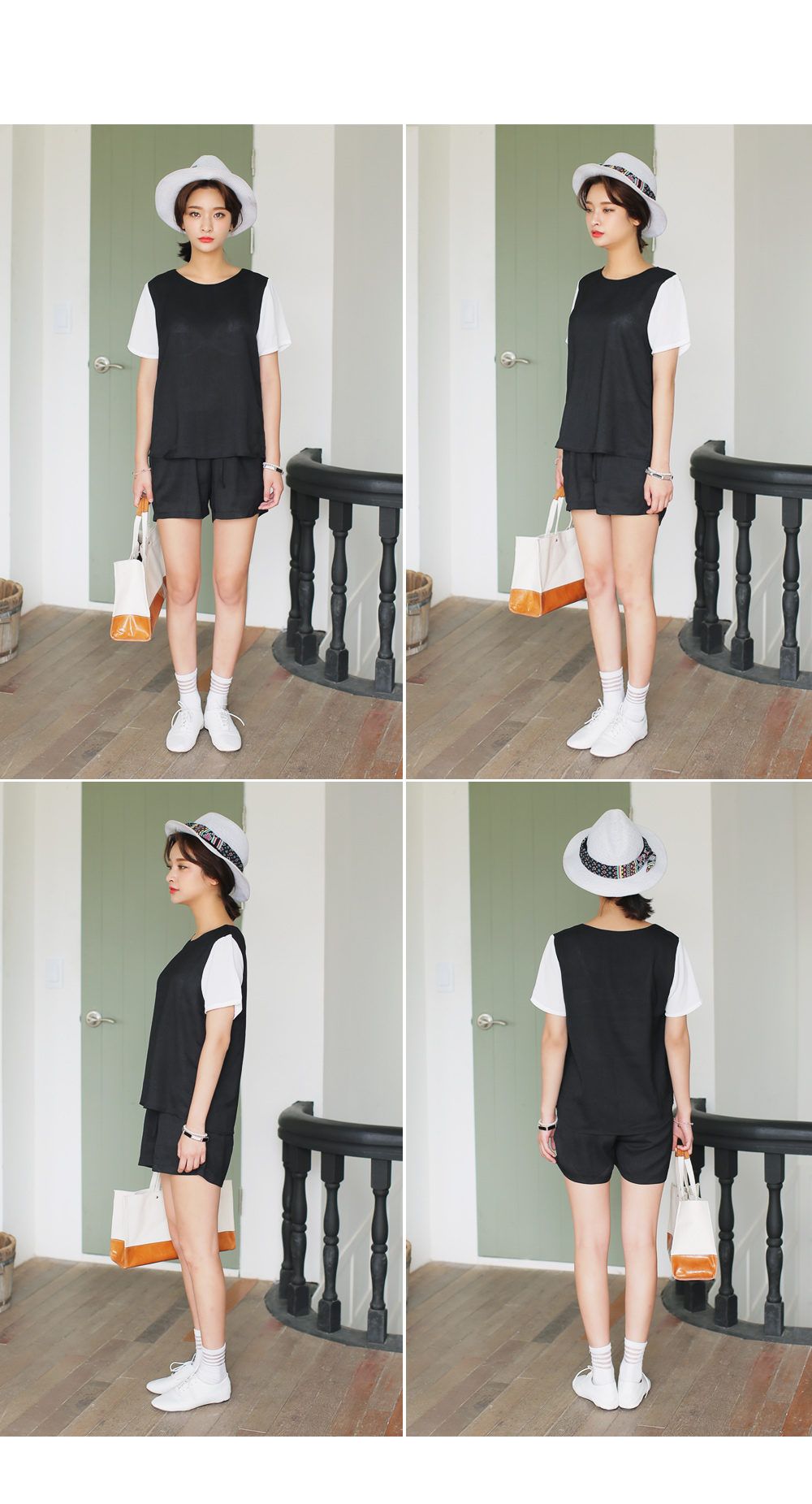 スリーブ配色ブラウス&ショートパンツセットアップ・全2色 | DHOLIC | 詳細画像4