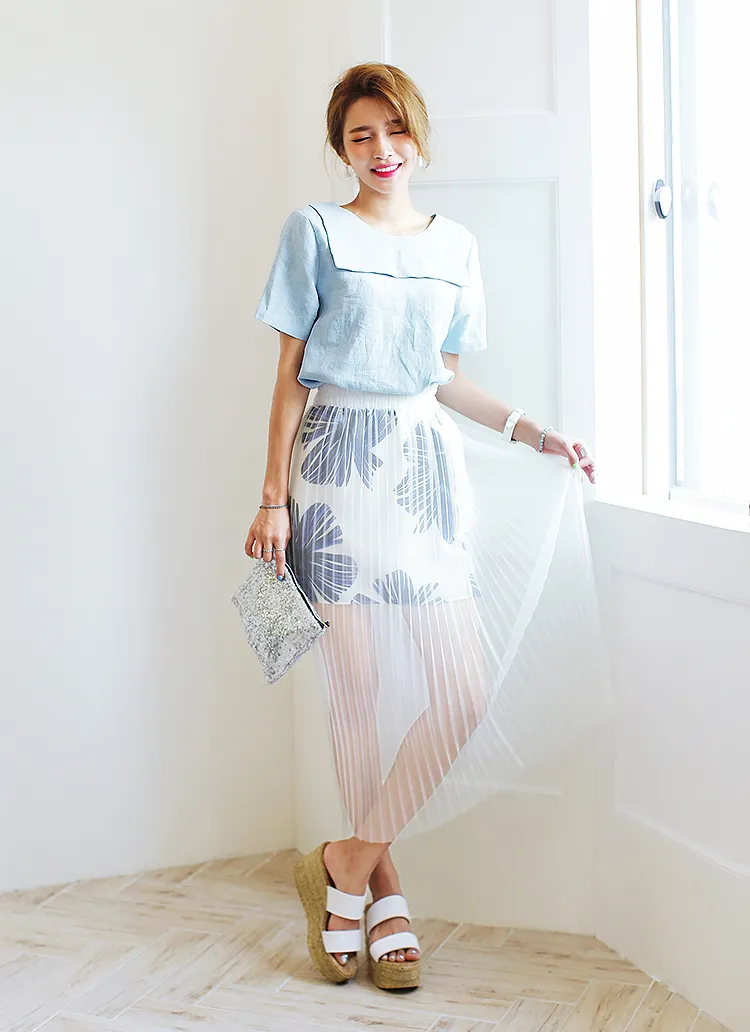 フラワープリントプリーツシースルーレイヤードスカート・全2色 | DHOLIC | 詳細画像1