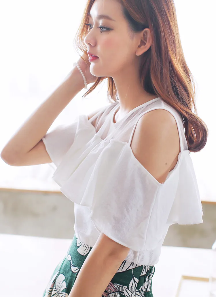 メッシュ切替オフショルダーブラウス・全4色 | DHOLIC | 詳細画像1