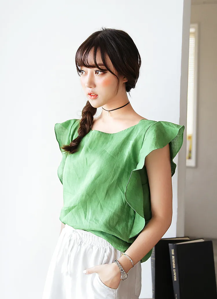 フリルスリーブリネンブラウス・全3色 | DHOLIC | 詳細画像1