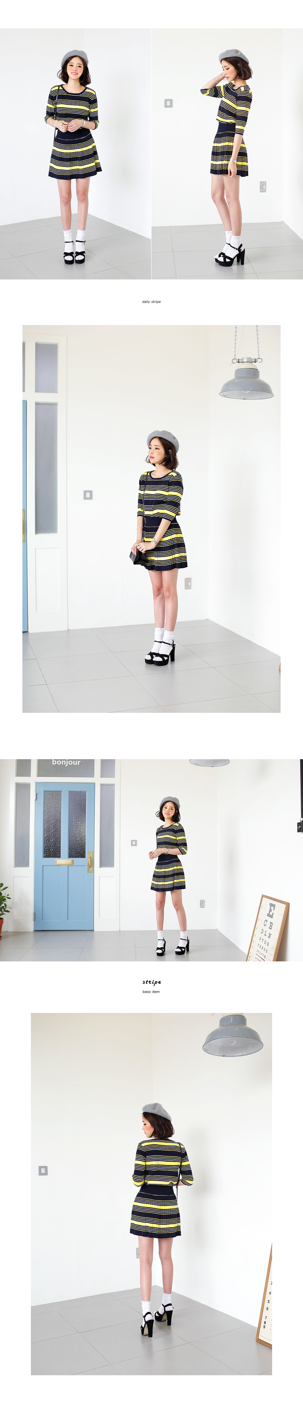 マルチボーダーニットトップス&プリーツスカートセットアップ・全2色 | DHOLIC | 詳細画像4
