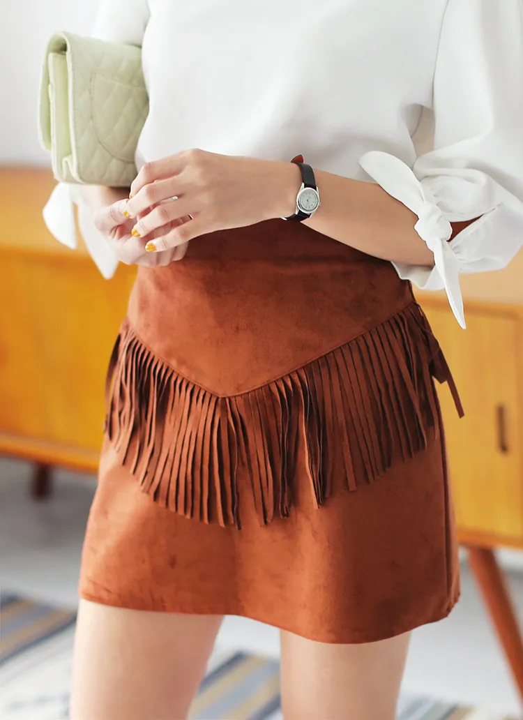 <font color=red><b>**雑誌mina1月号掲載**</b></font>スエード調Vラインフリンジスカート・全2色 | DHOLIC | 詳細画像1