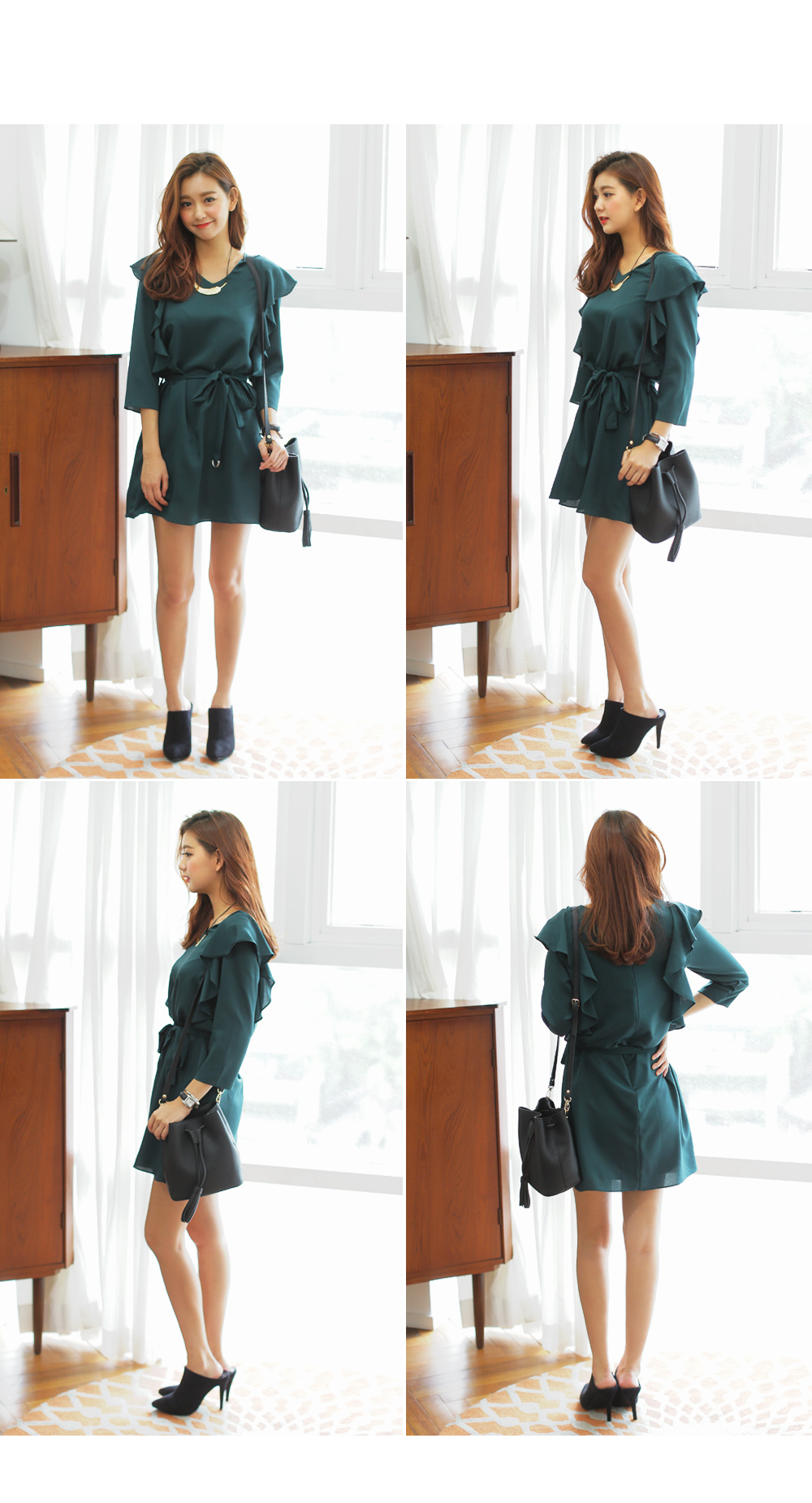 Vラインネックラッフルショルダーベルトストラップ付きワンピース・全3色 | DHOLIC | 詳細画像5