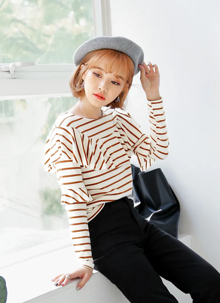 バスト&スリーブフリルディテールボーダーカットソー・全3色 | DHOLIC | 詳細画像1