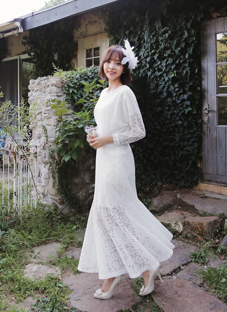 フラワーモチーフレースマーメイドロングワンピース・全1色 | DHOLIC | 詳細画像1