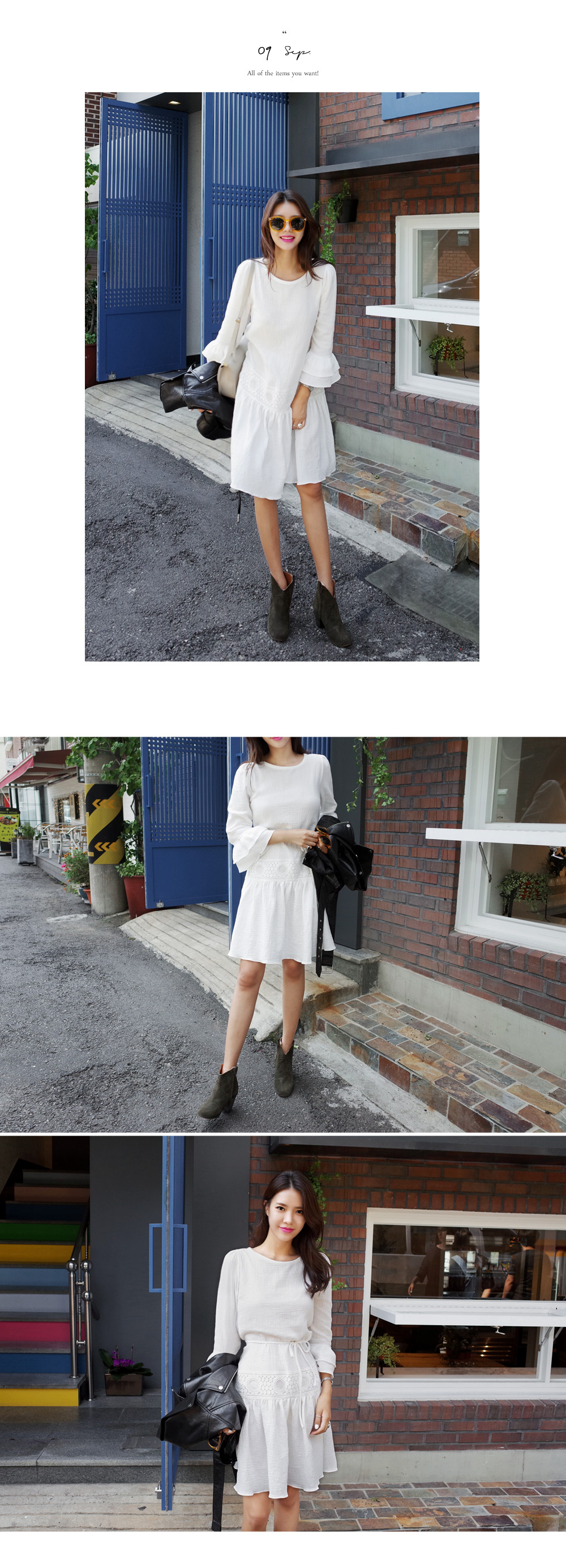 ウエストモチーフレースポイント袖ティアードシャーリングワンピース・全3色 | DHOLIC | 詳細画像8