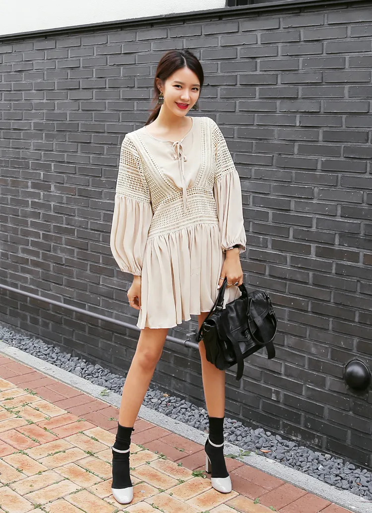 バルーンスリーブレースポイントヘムシフォンワンピース・全2色 | DHOLIC | 詳細画像1