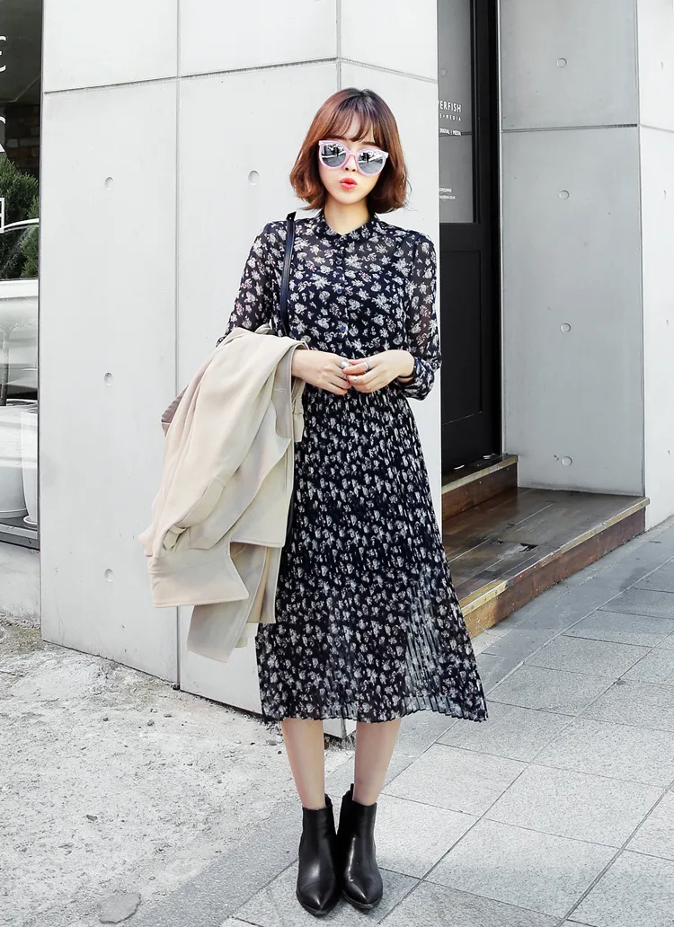 フラワーパターンバンドカラープリーツワンピース・全2色 | DHOLIC | 詳細画像1