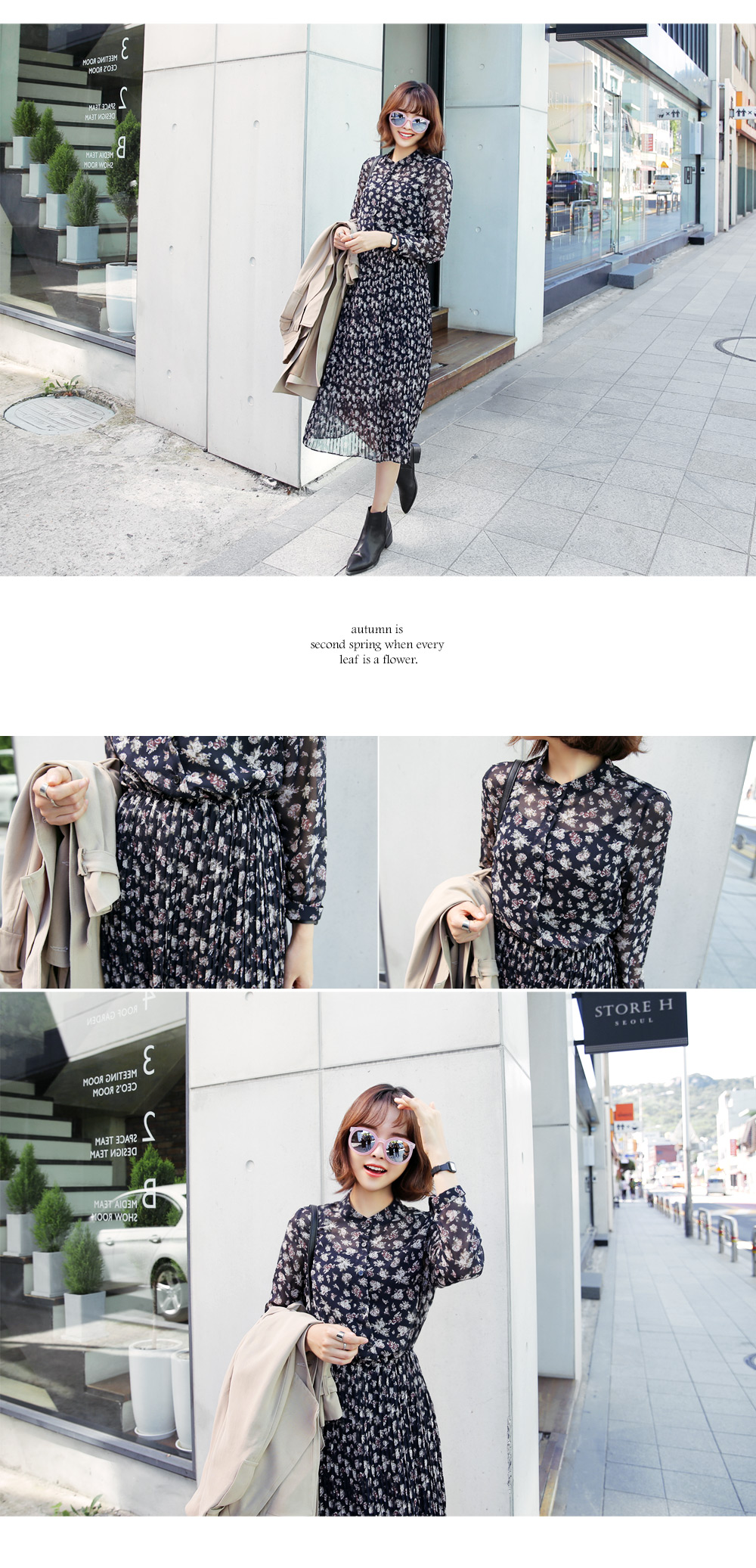 フラワーパターンバンドカラープリーツワンピース・全2色 | DHOLIC | 詳細画像4