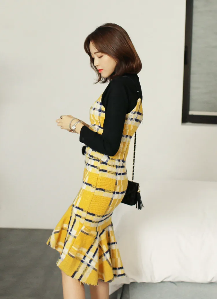 ぼかしタータンチェックビスチェ&マーメイドスカートセットアップ・全2  