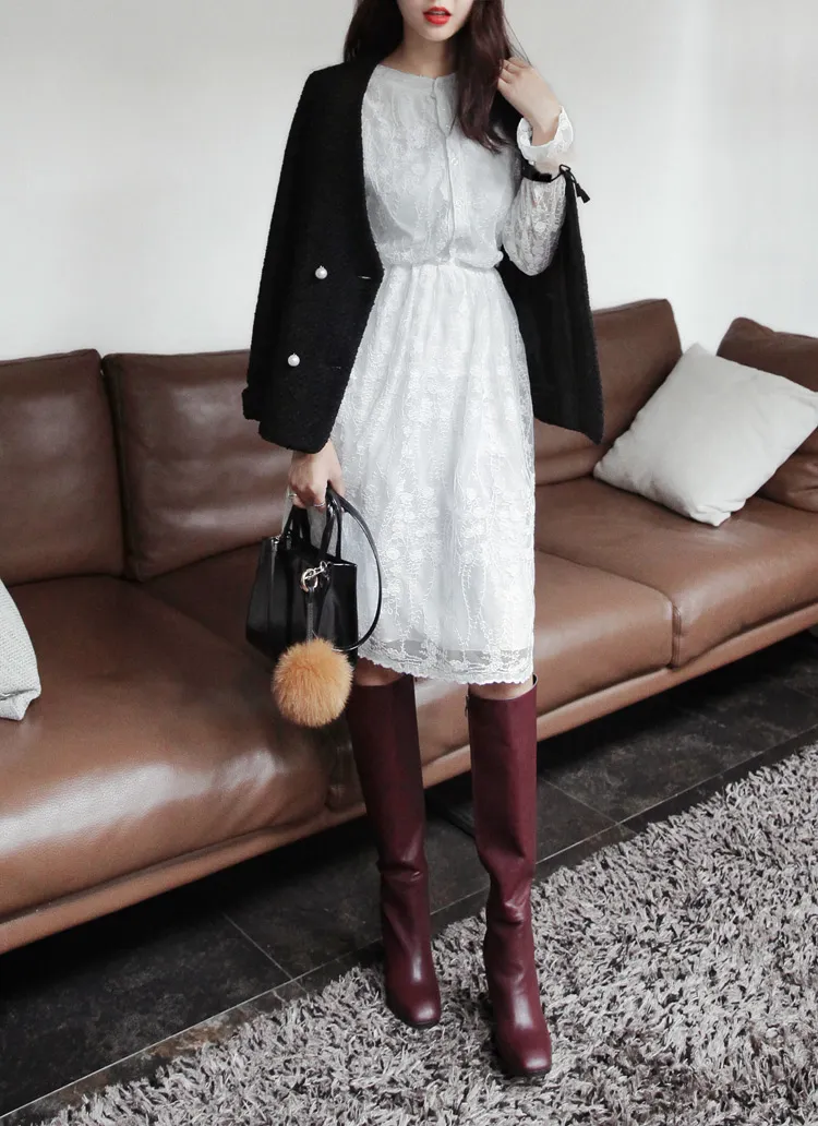 ウエスト切り替えひざ丈レースワンピース・全2色 | DHOLIC | 詳細画像1