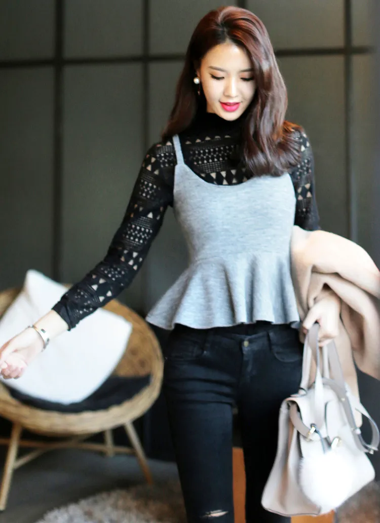 ボトルネックシースルーブラウス＆フレアヘムビスチェSET・全3色 | DHOLIC | 詳細画像1