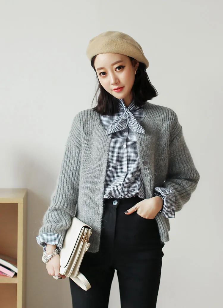 アンゴラ混ラウンドネックショートニットカーディガン・全4色 | DHOLIC | 詳細画像1