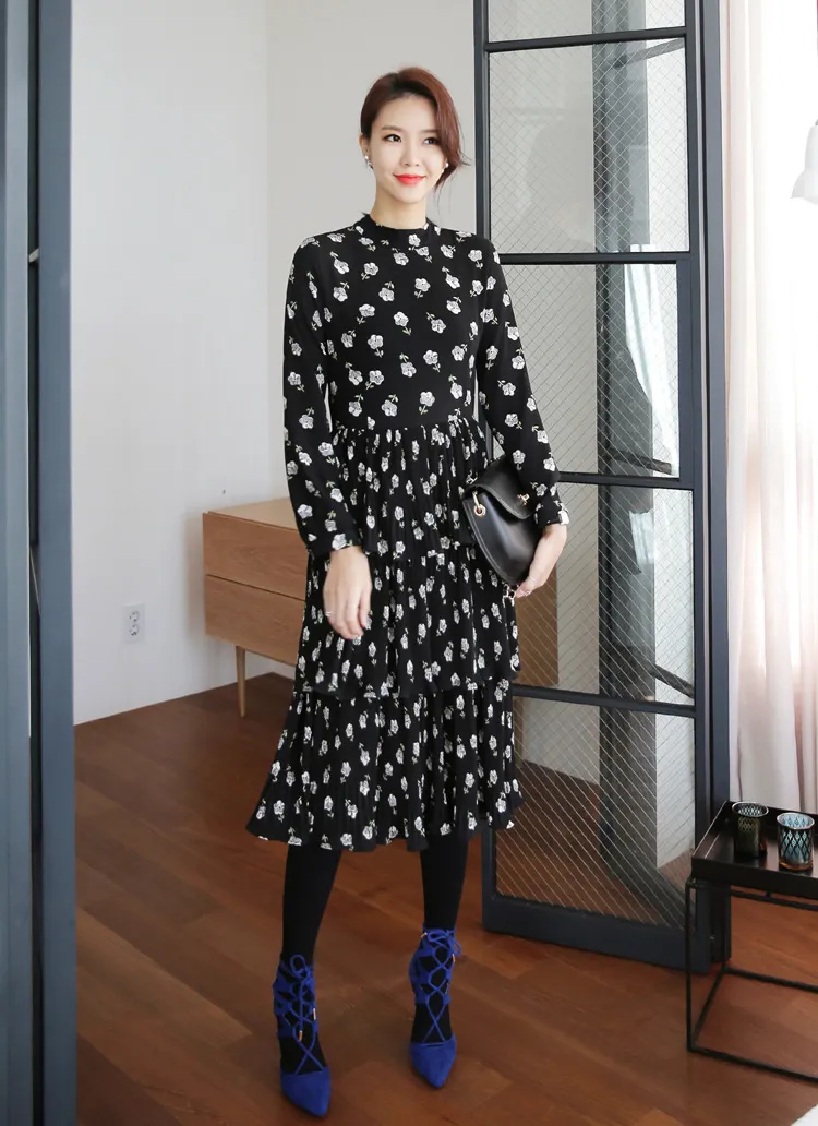 フラワーパターンティアードラッフルミモレ丈ワンピース・全1色 | DHOLIC | 詳細画像1