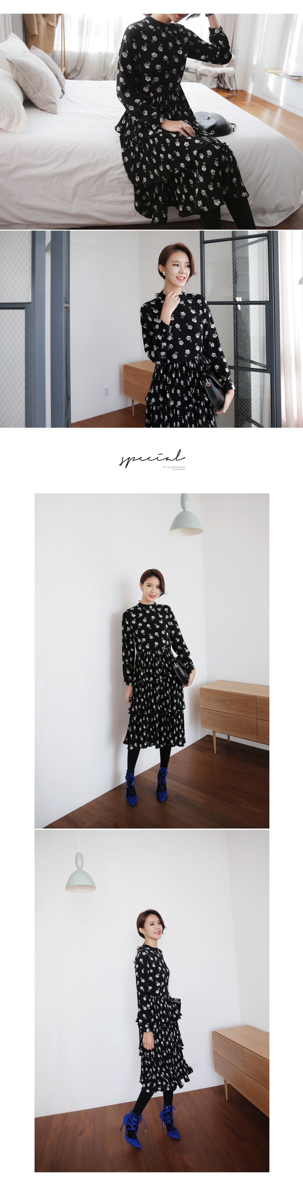 フラワーパターンティアードラッフルミモレ丈ワンピース・全1色 | DHOLIC | 詳細画像2