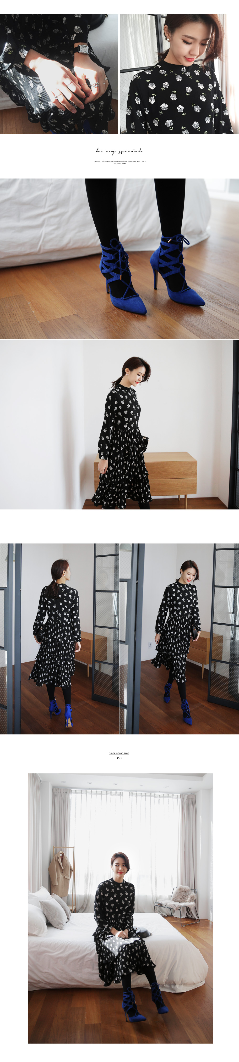 フラワーパターンティアードラッフルミモレ丈ワンピース・全1色 | DHOLIC | 詳細画像4