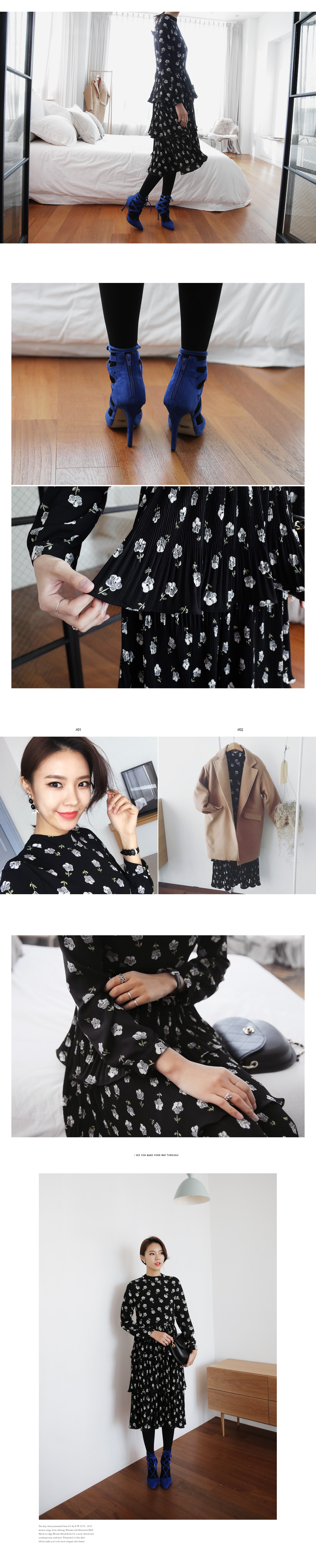 フラワーパターンティアードラッフルミモレ丈ワンピース・全1色 | DHOLIC | 詳細画像6