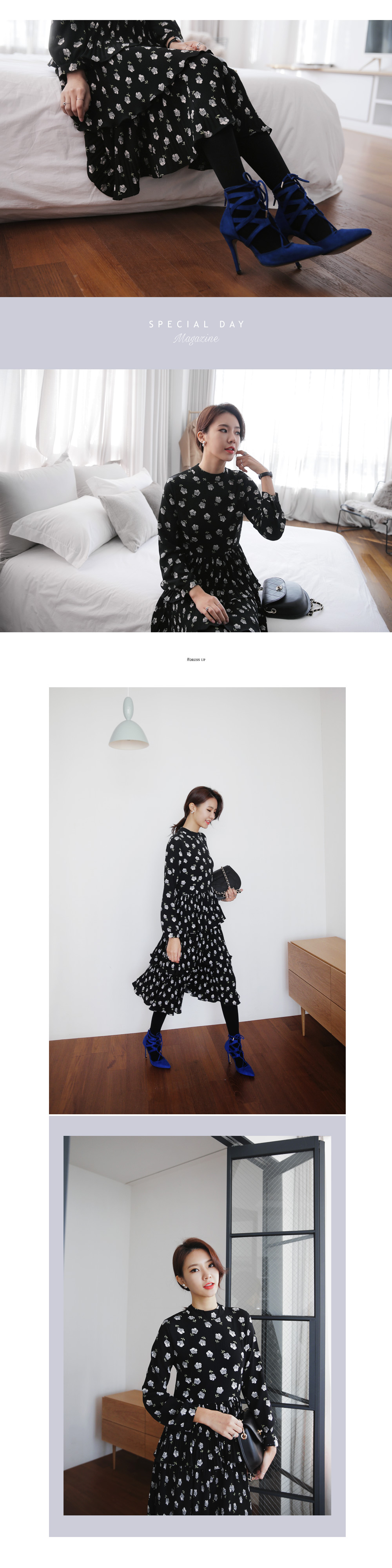 フラワーパターンティアードラッフルミモレ丈ワンピース・全1色 | DHOLIC | 詳細画像8