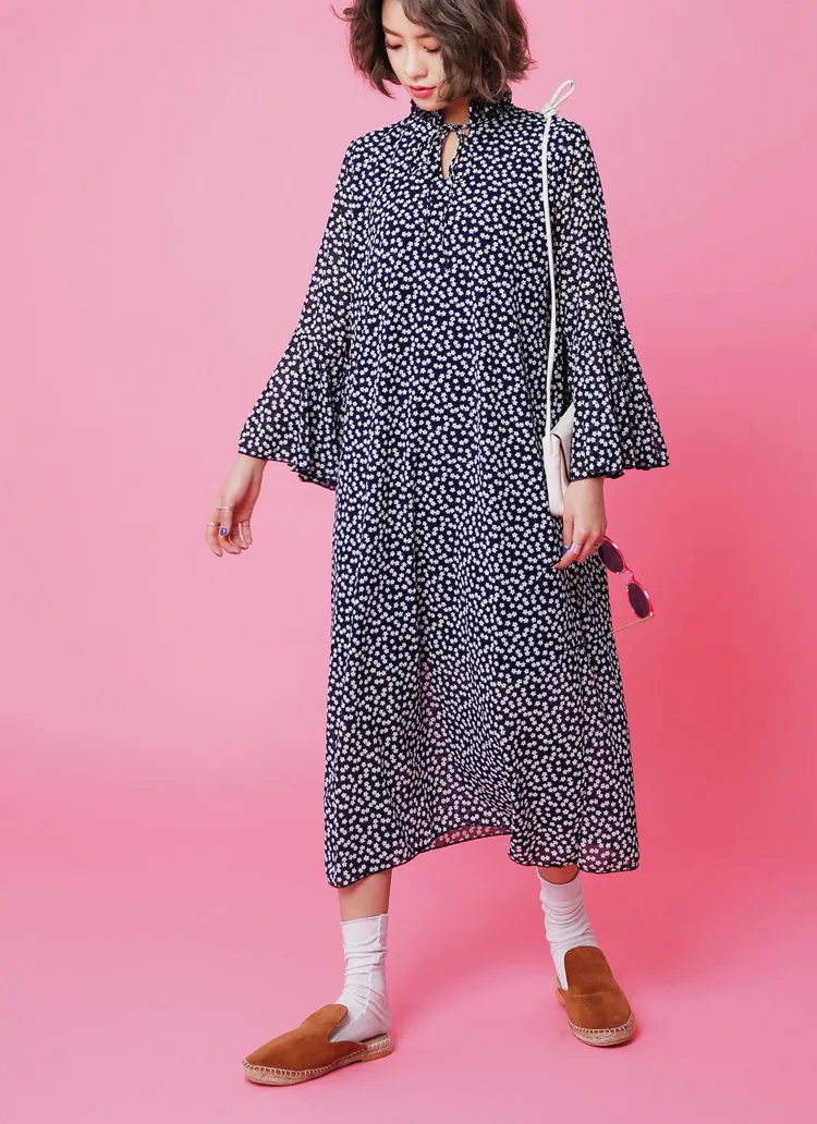 リボンフリルネックフラワーパターンロングワンピース・全2色 | DHOLIC | 詳細画像1