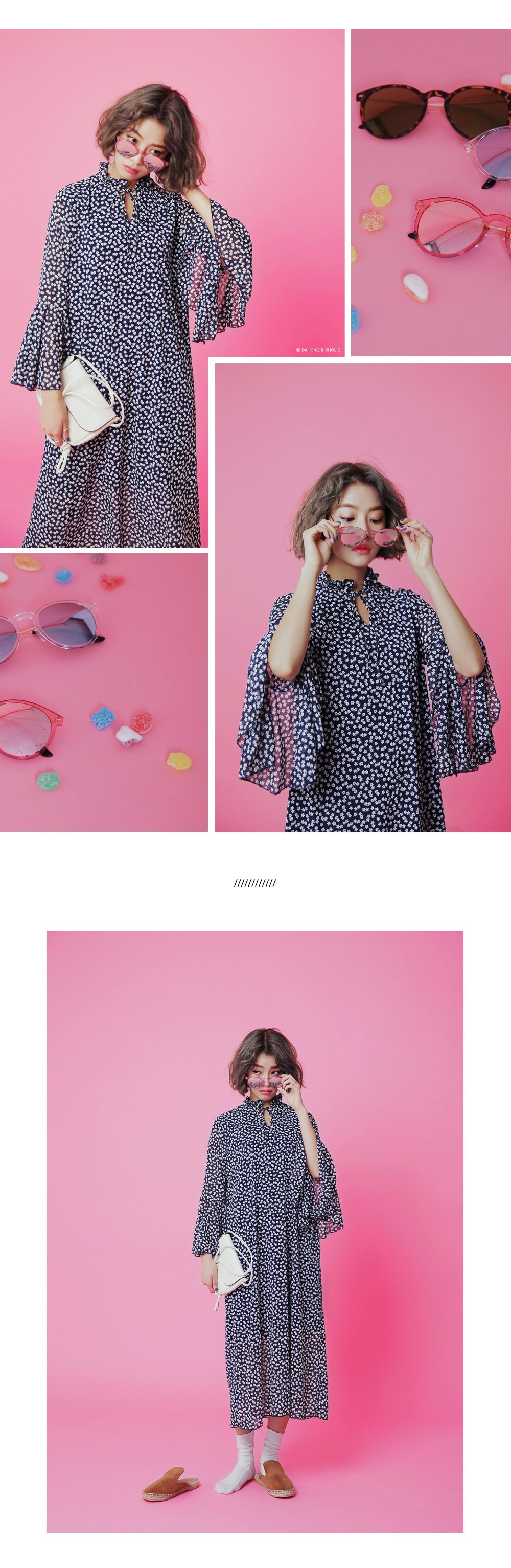 リボンフリルネックフラワーパターンロングワンピース・全2色 | DHOLIC | 詳細画像4