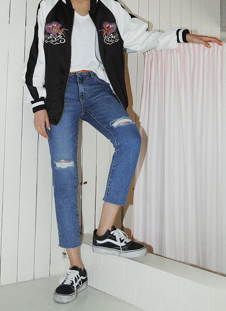 フレイドヘムハイウエストストレートデニムパンツ・全1色 | DHOLIC | 詳細画像1