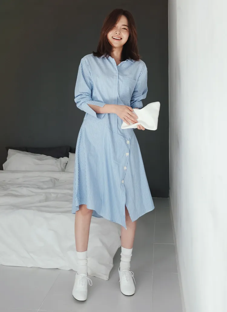 ボタンアンバランスヘムストライプシャツワンピース・全2色 | DHOLIC PLUS | 詳細画像1