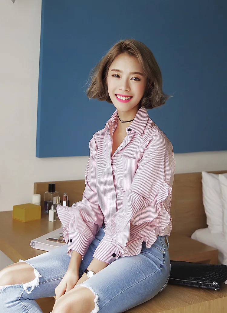 フリルカットアウトスリーブストライプシャツ・全2色 | DHOLIC | 詳細画像1