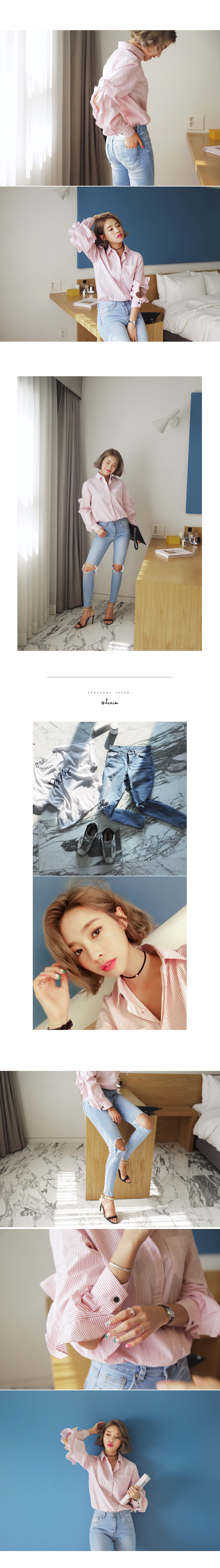 フリルカットアウトスリーブストライプシャツ・全2色 | DHOLIC | 詳細画像2