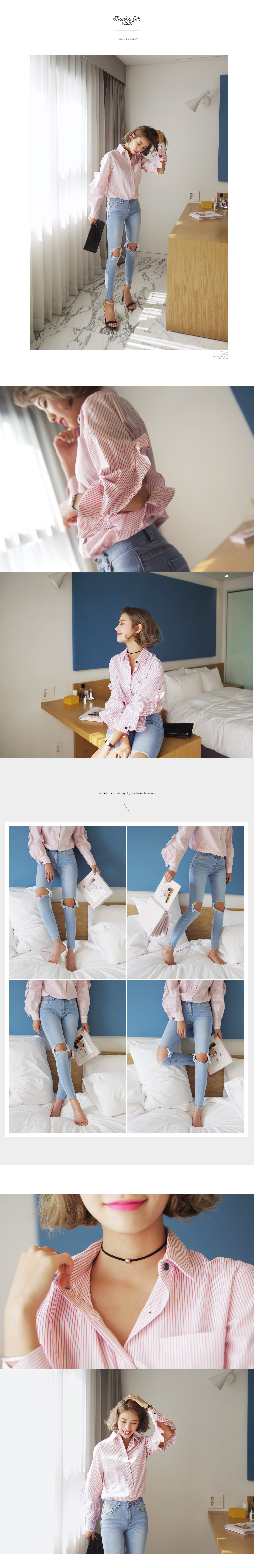 フリルカットアウトスリーブストライプシャツ・全2色 | DHOLIC | 詳細画像3