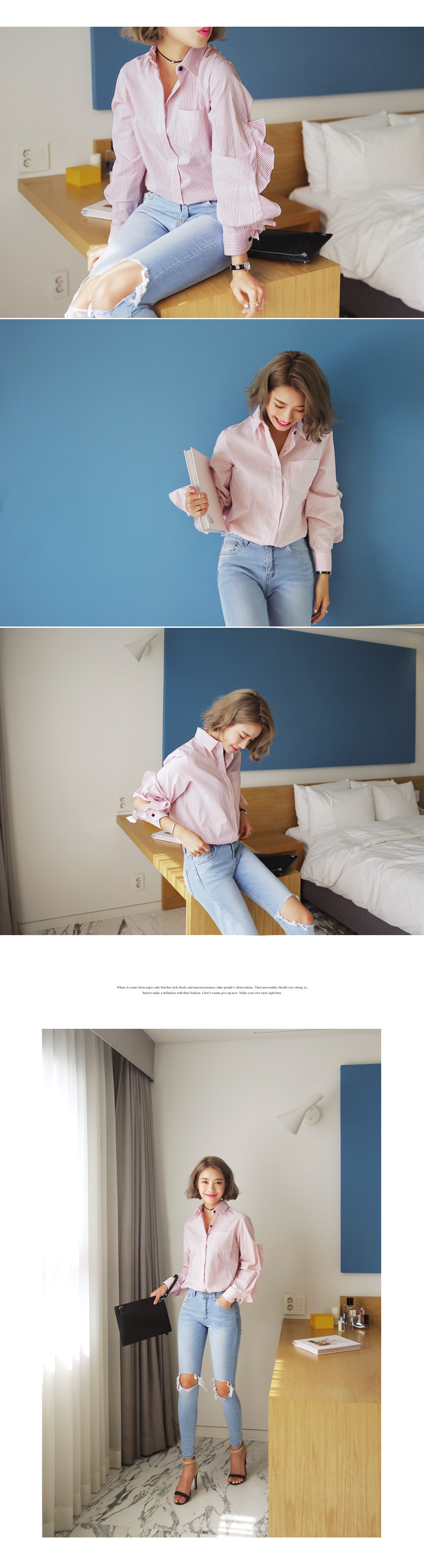 フリルカットアウトスリーブストライプシャツ・全2色 | DHOLIC | 詳細画像4