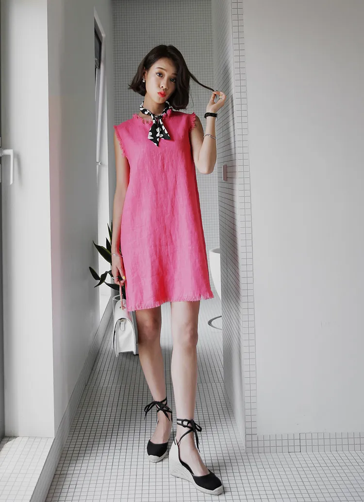 <font color=red><b>**雑誌Ray9月号掲載**</b></font>フリンジヘムスリーブレスリネンワンピース・全2色 | DHOLIC | 詳細画像1