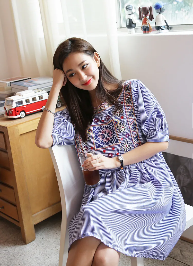 ボヘミアン刺繍ストライプパターンフレアワンピース・全1色 | DHOLIC | 詳細画像1