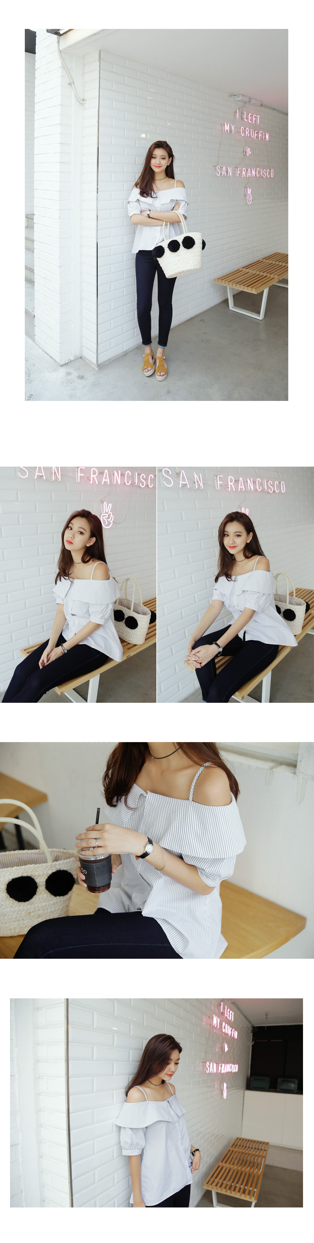 ビッグカラーストライプオフショルダーブラウス・全4色 | DHOLIC | 詳細画像3