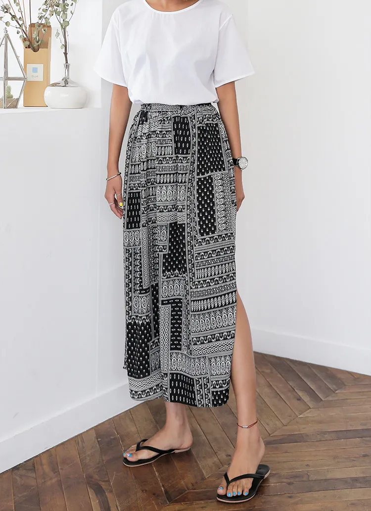 エスニックパターンディープスリットワイドパンツ・全3色 | DHOLIC | 詳細画像1