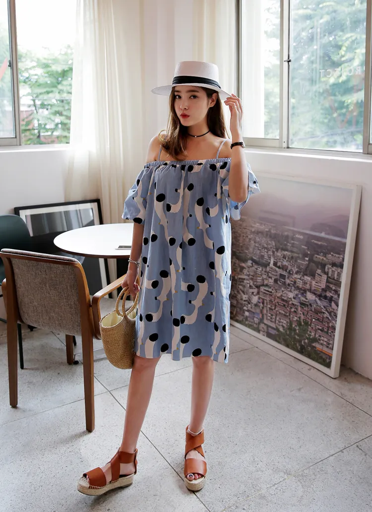 リネン混カモメプリントオフショルダーワンピース・全3色 | DHOLIC | 詳細画像1