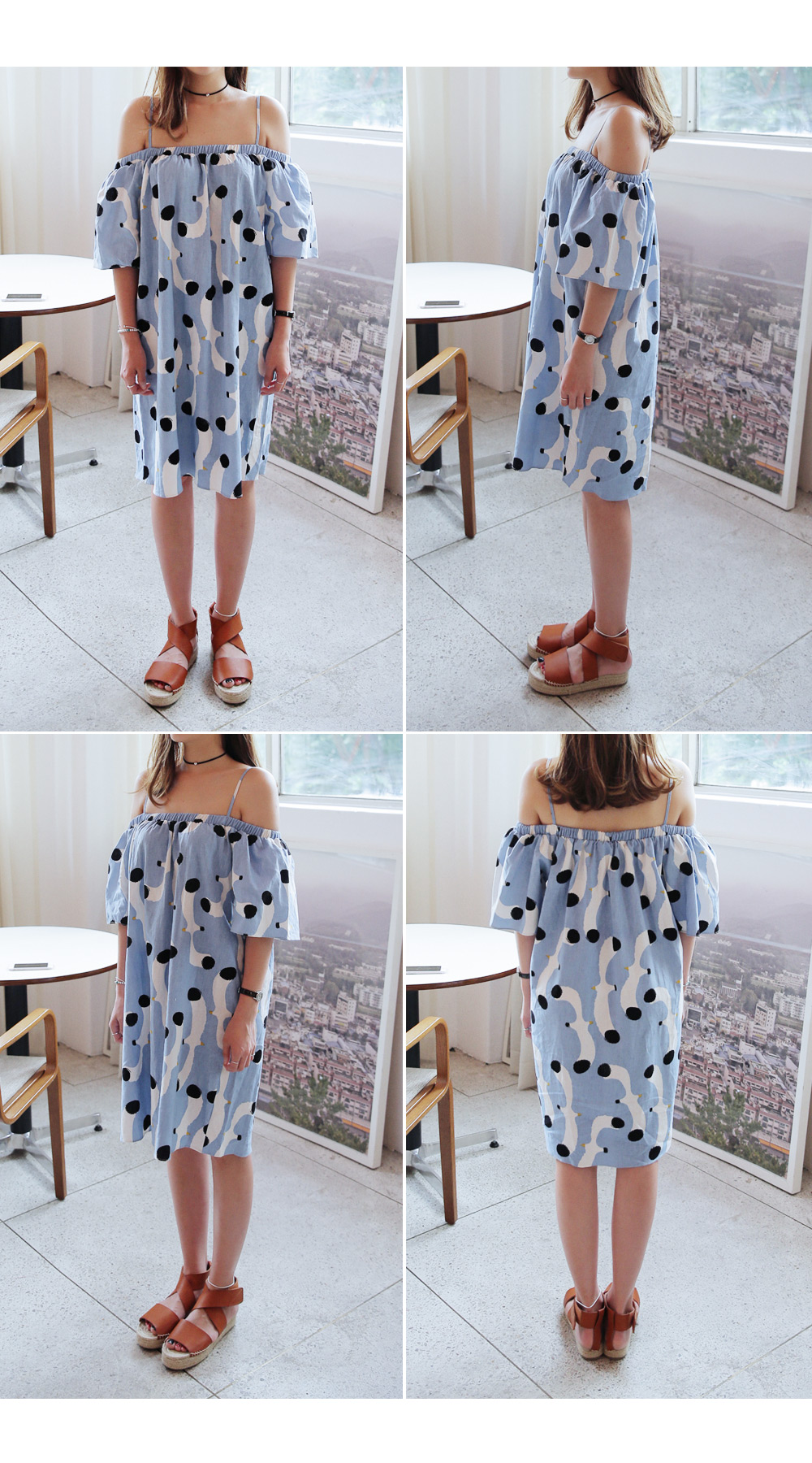 リネン混カモメプリントオフショルダーワンピース・全3色 | DHOLIC | 詳細画像5