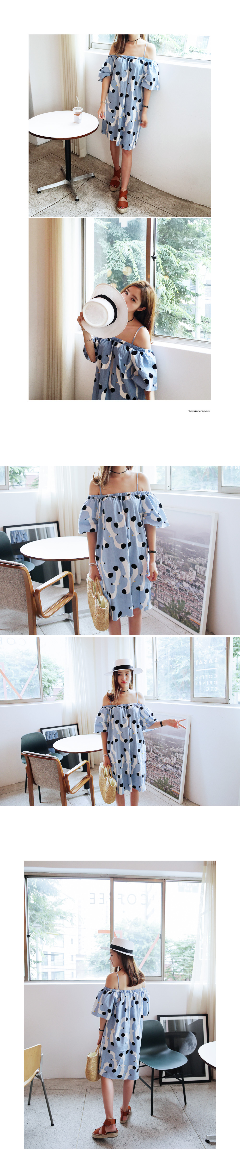 リネン混カモメプリントオフショルダーワンピース・全3色 | DHOLIC | 詳細画像3