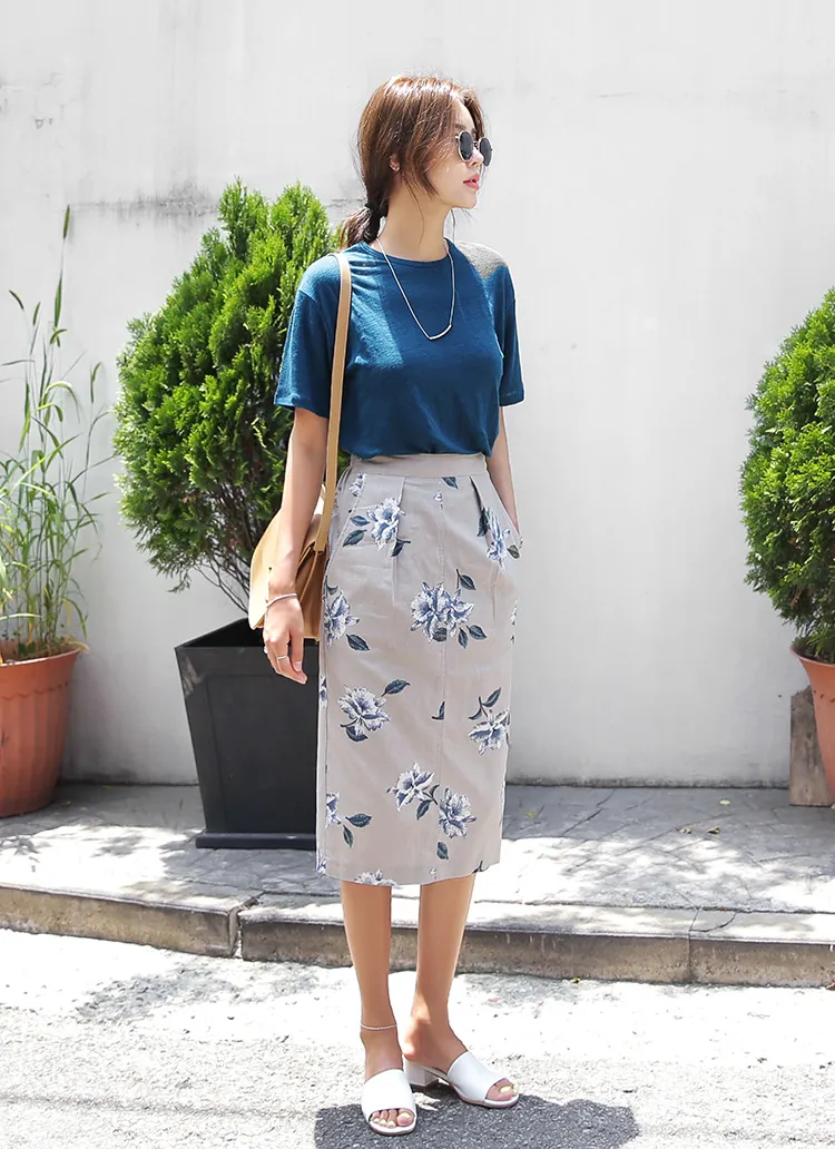 <font color=red><b>**雑誌mer11月号掲載**</b></font>リネン混フラワーミモレタイトスカート・全2色 | DHOLIC | 詳細画像1