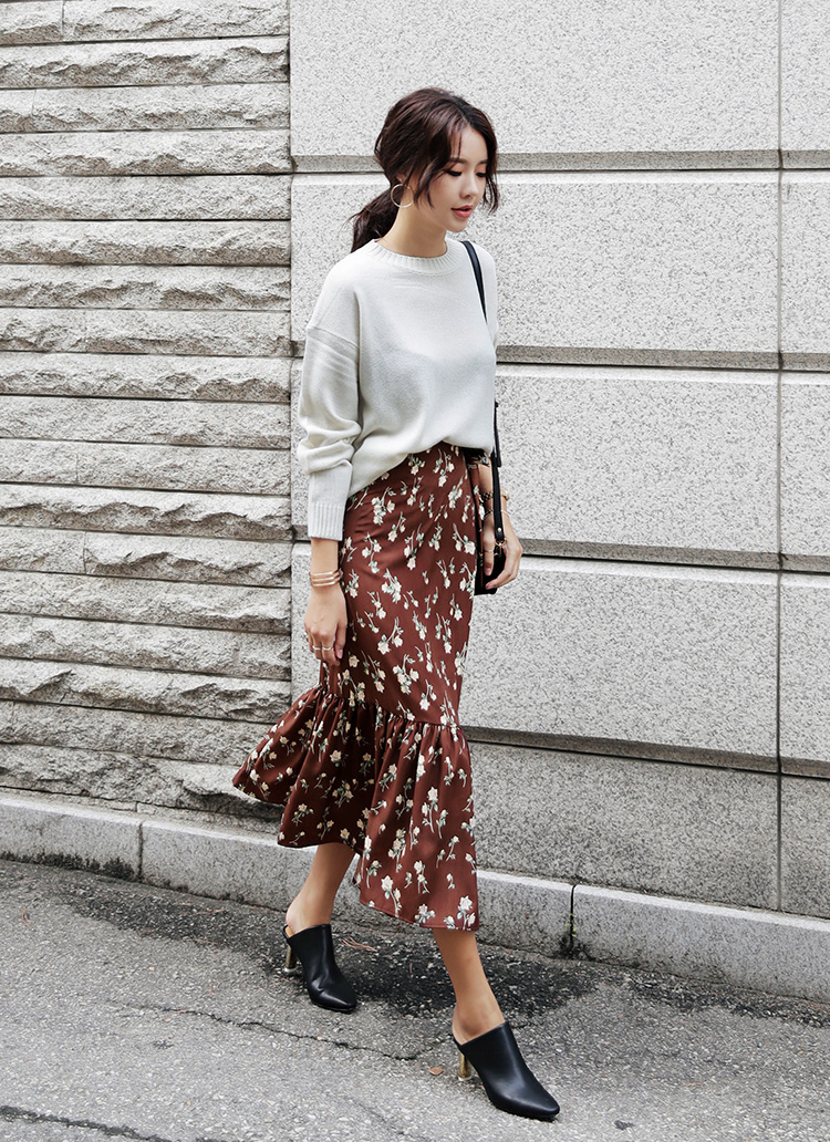 ブラウン 花柄 ロングスカート