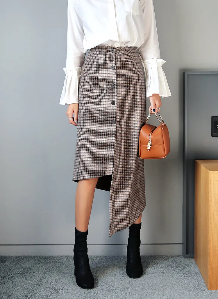 ハウンドトゥースボタンアンバランススカート・全2色 | DHOLIC | 詳細画像1