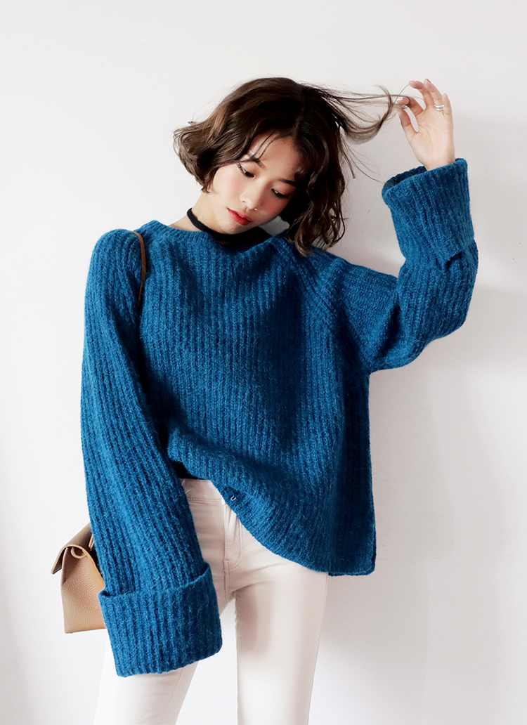 【美品】LOHEN ローヘン　レイヤードスリーブニット　D.ブルー ロールアップワイドスリーブニットプルオーバー・全4色 | レディース