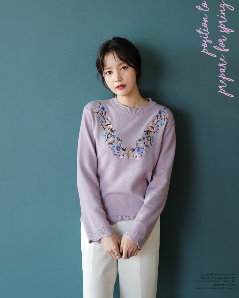 フラワー刺繍パステルカラーニットプルオーバー・全2色 | DHOLIC | 詳細画像6