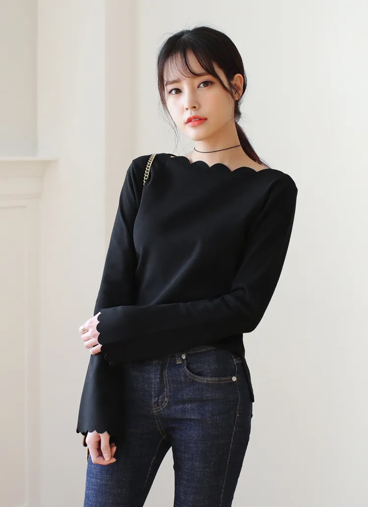 <font color=red><b><人気商品再入荷> </b></font>スカラップボートネックTシャツ・全2色 | DHOLIC | 詳細画像1