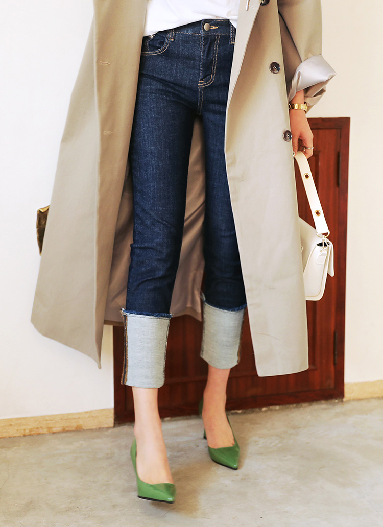 ハイウエストロールアップヘムインディゴデニムパンツ・全1色