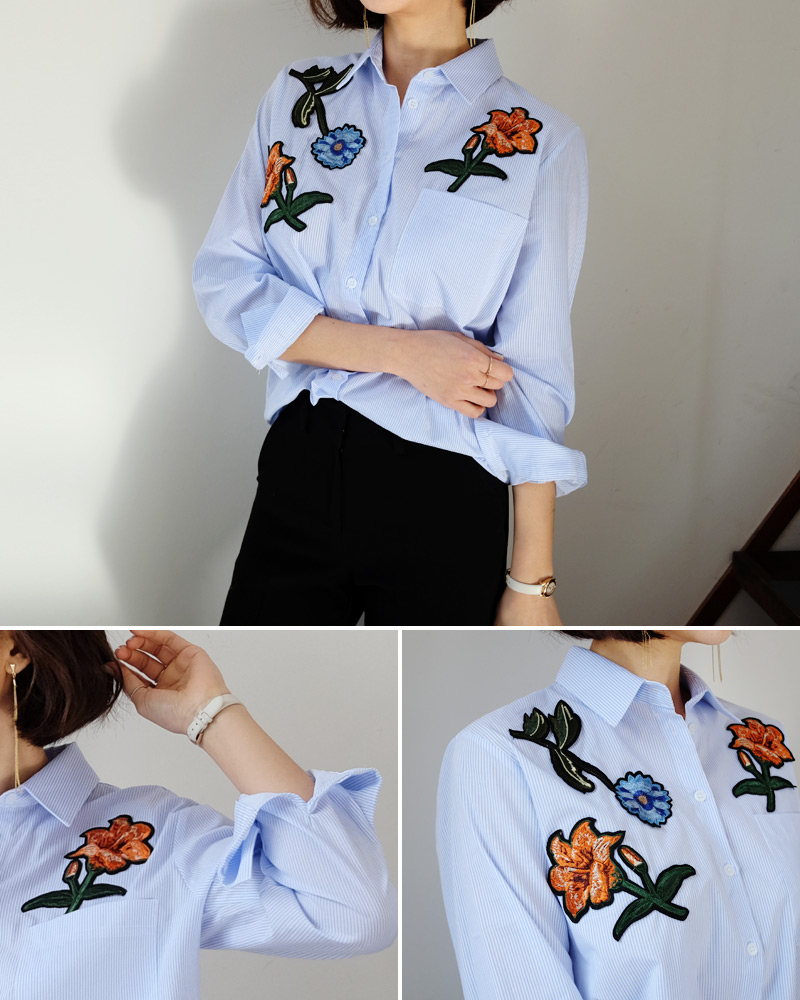 フラワー刺繍ストライプコットンシャツ・全2色 | DHOLIC PLUS | 詳細画像4
