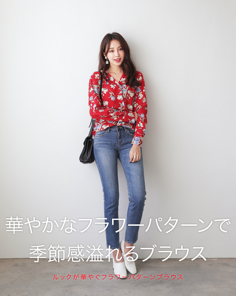 <font color=red><b><人気商品再入荷> </b></font>フラワーパターンVネックブラウス・全3色 | DHOLIC | 詳細画像3