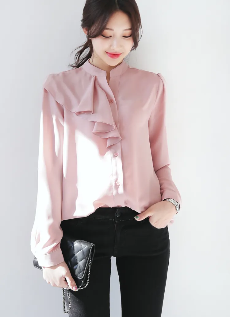 <font color=red><b>○雑誌掲載商品○</b></font>ショルダーラッフルスタンドカラーブラウス・全3色 | DHOLIC | 詳細画像1