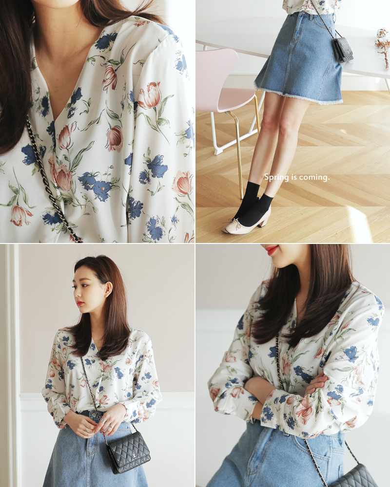 <font color=red><b><人気商品再入荷> </b></font>フラワーパターンVネックブラウス・全3色 | DHOLIC | 詳細画像17