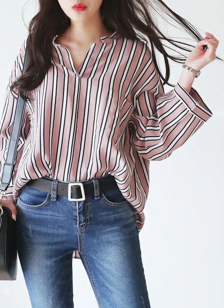 <font color=red><b>○雑誌掲載商品○</b></font>ワイドスリーブVネックストライプブラウス・全3色 | DHOLIC | 詳細画像1